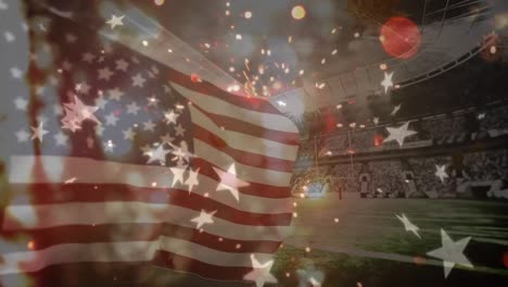 animación de estrellas y bandera estadounidense sobre el estadio deportivo