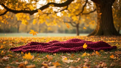 a cozy red blanket on the ground surrounded by vibrant autumn leaves in a serene park setting, capturing the essence of fall's beauty and tranquility