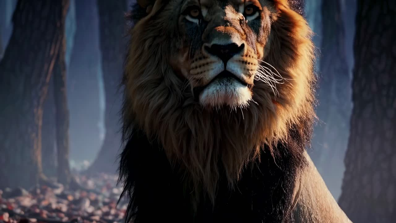 Close-up, low-angle shot of a lion in a misty forest, creating a cinematic and dramatic wildlife