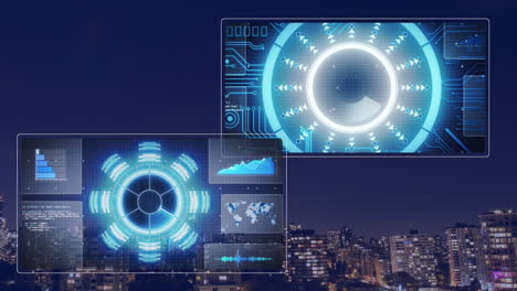 animation of data processing with scope scanning over cityscape