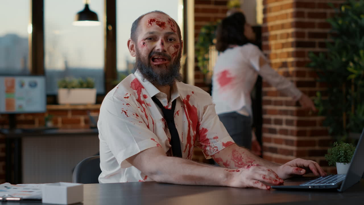 Ugly dirty office zombie sitting at desk while working on modern laptop