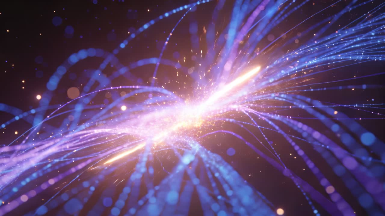 Pulsing central knot sending blue-violet filaments outward in dark field, creating spark cloud