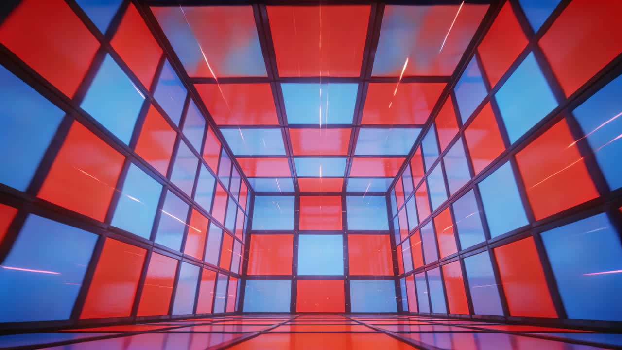 Vertical video: Pulsing red-blue cube sending radial streaks floor mirroring panels hinting motion