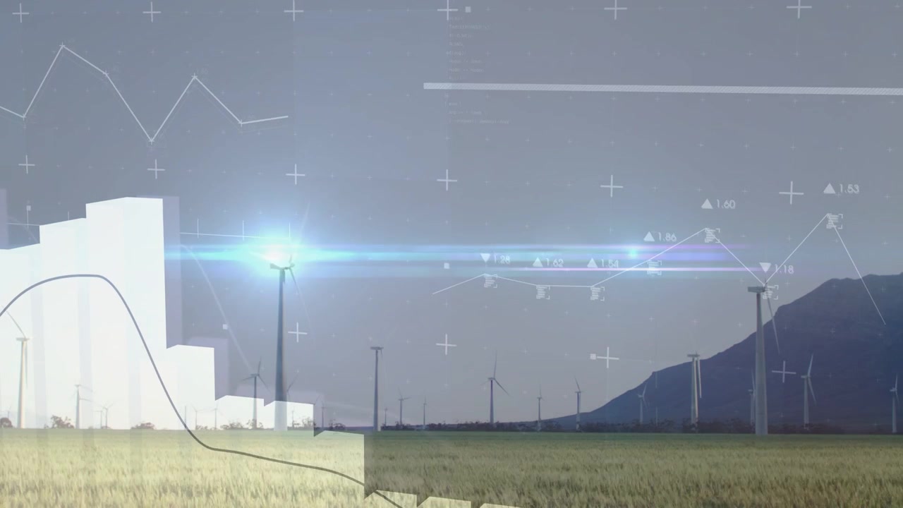 Bagliore blu che si intensifica, blocchi dello skyline che si innalzano, grafico curvo che ondeggia, mostrando le tendenze dell'energia verde.