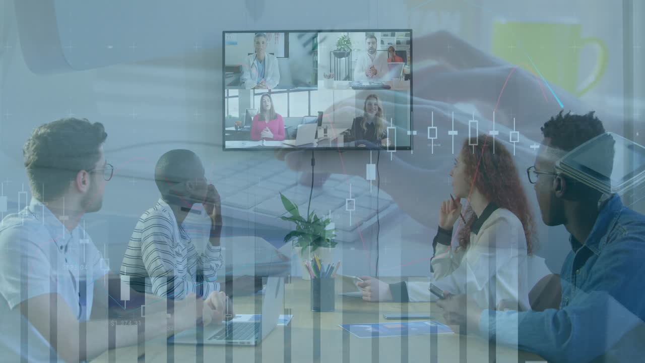 Animation of graphs, cropped hands typing on keyboard, diverse coworkers discussing over videocall