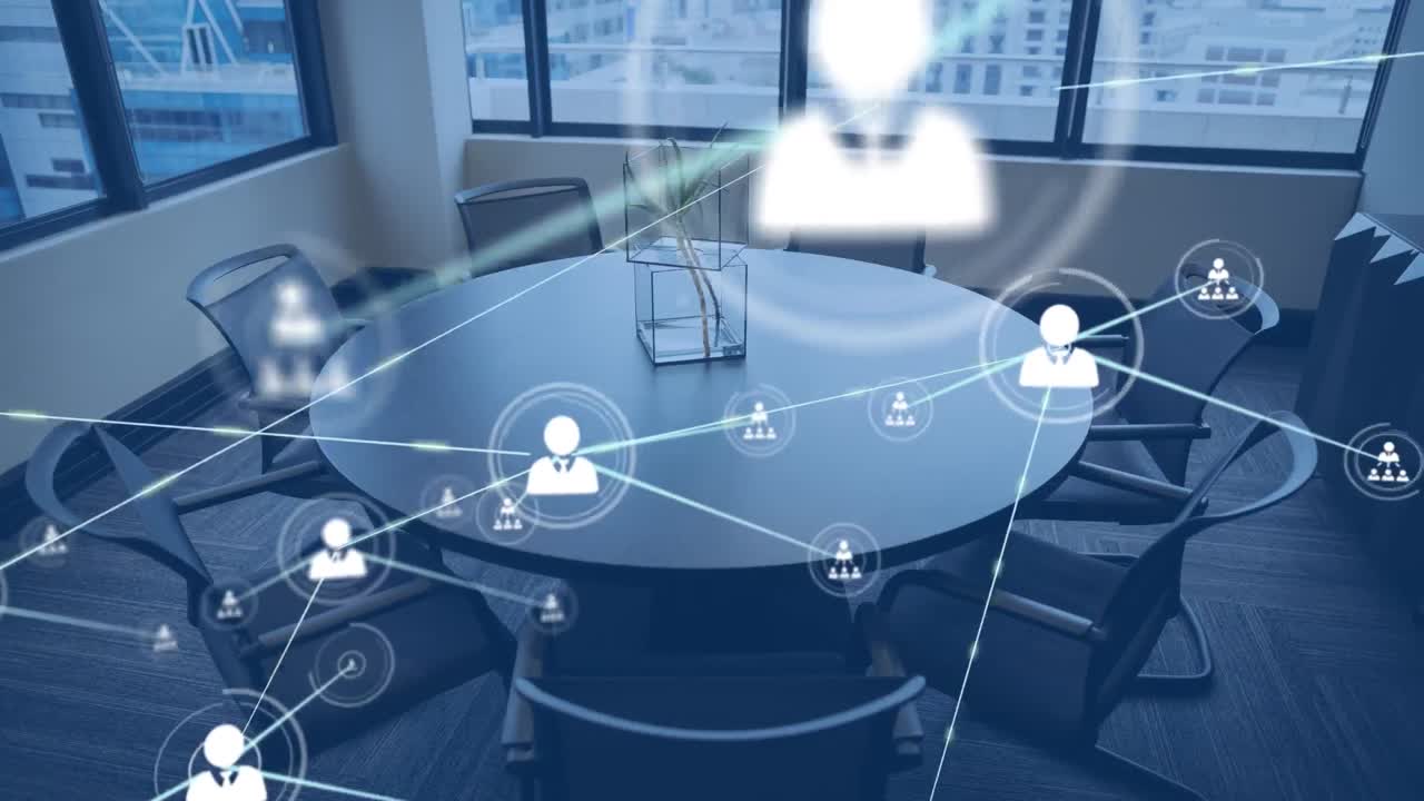 오피스 위의 아이콘과 연결 네트워크의 애니메이션