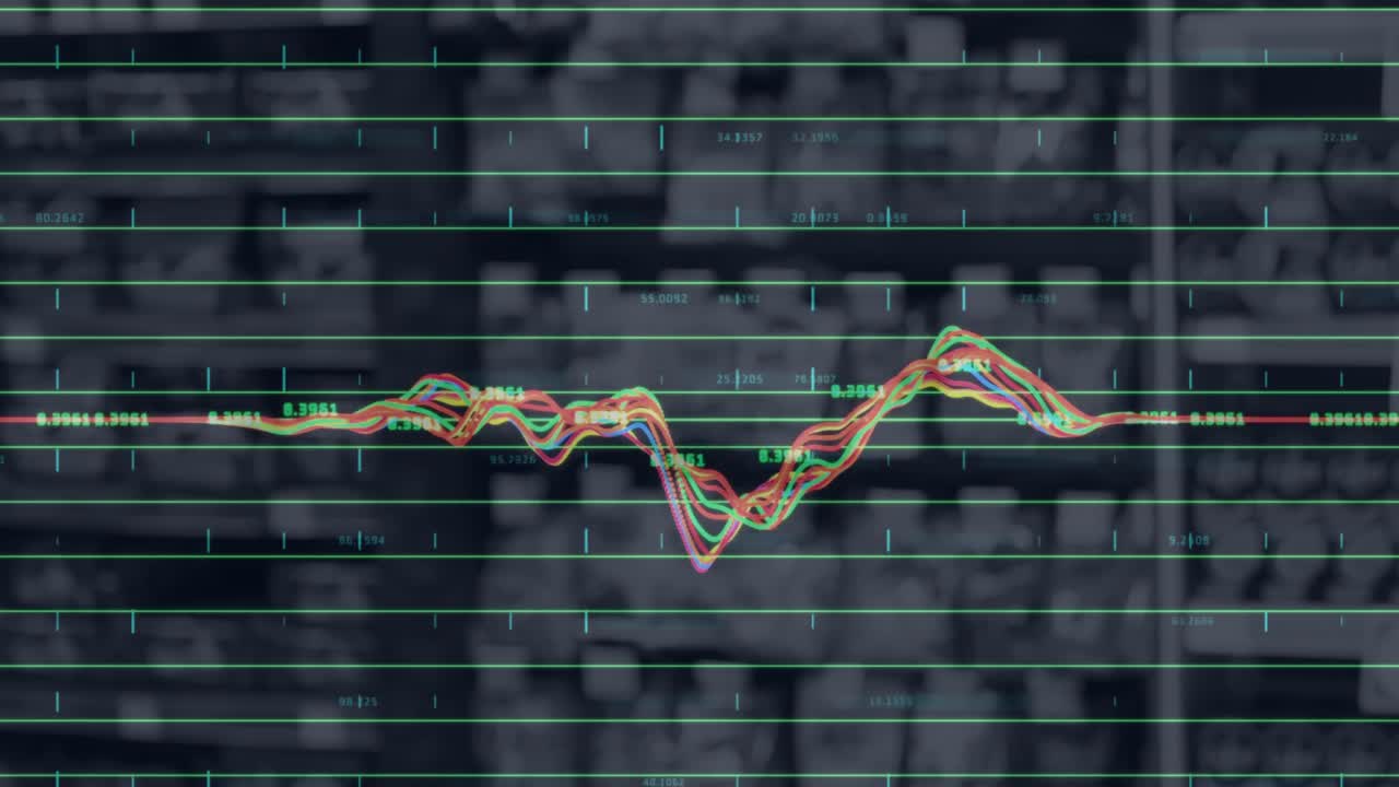 Animation of financial data processing over dark background