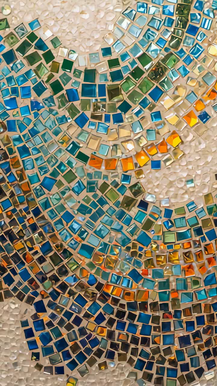 Vertical video: Panning camera moving up showing square glass tiles in gallery framing gold curve