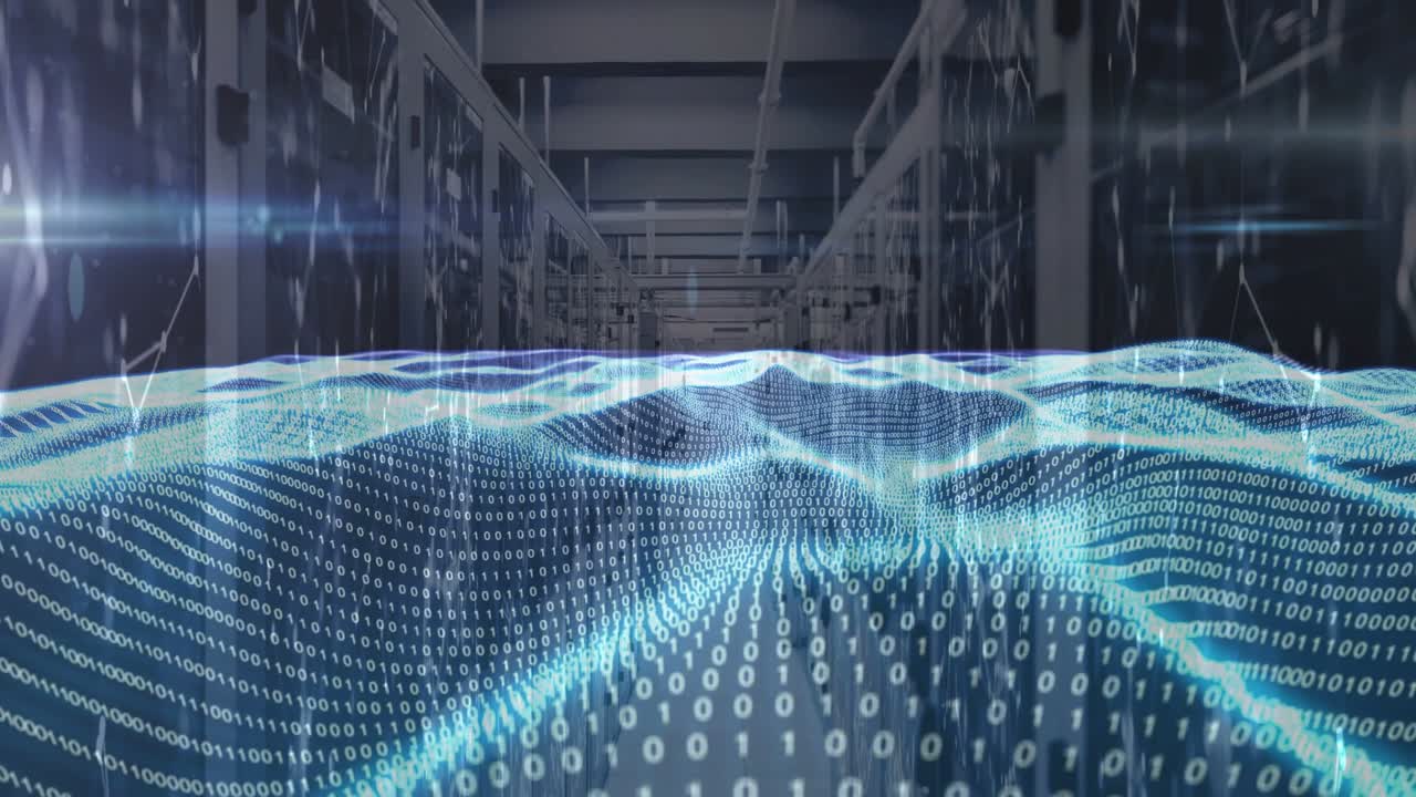 Binary mesh rippling down server aisle, triggered by incoming traffic visualizing data flow
