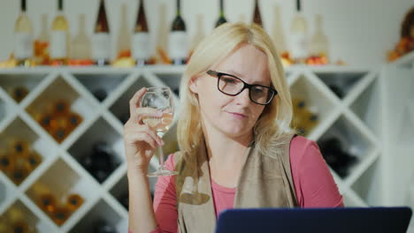 Mujer-Cata-Vino-Sentado-En-Una-Mesa-En-Una-Bodega-Usando-Una-Computadora-Portátil