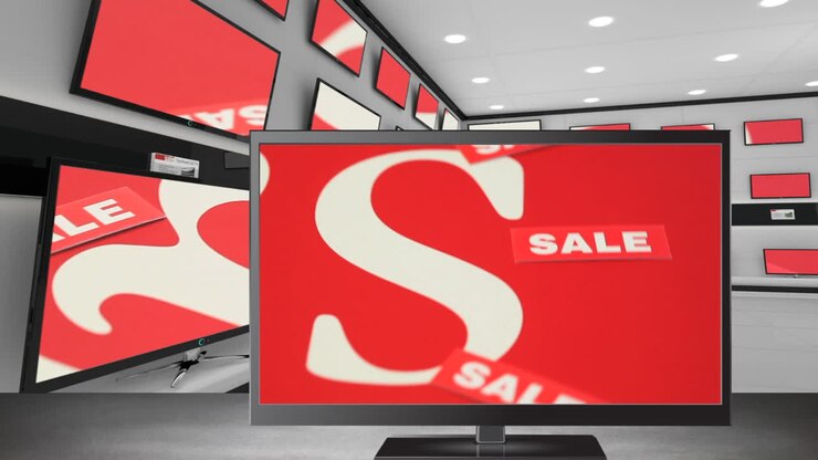 Televisione a schermo piatto con etichetta di saldo sullo schermo