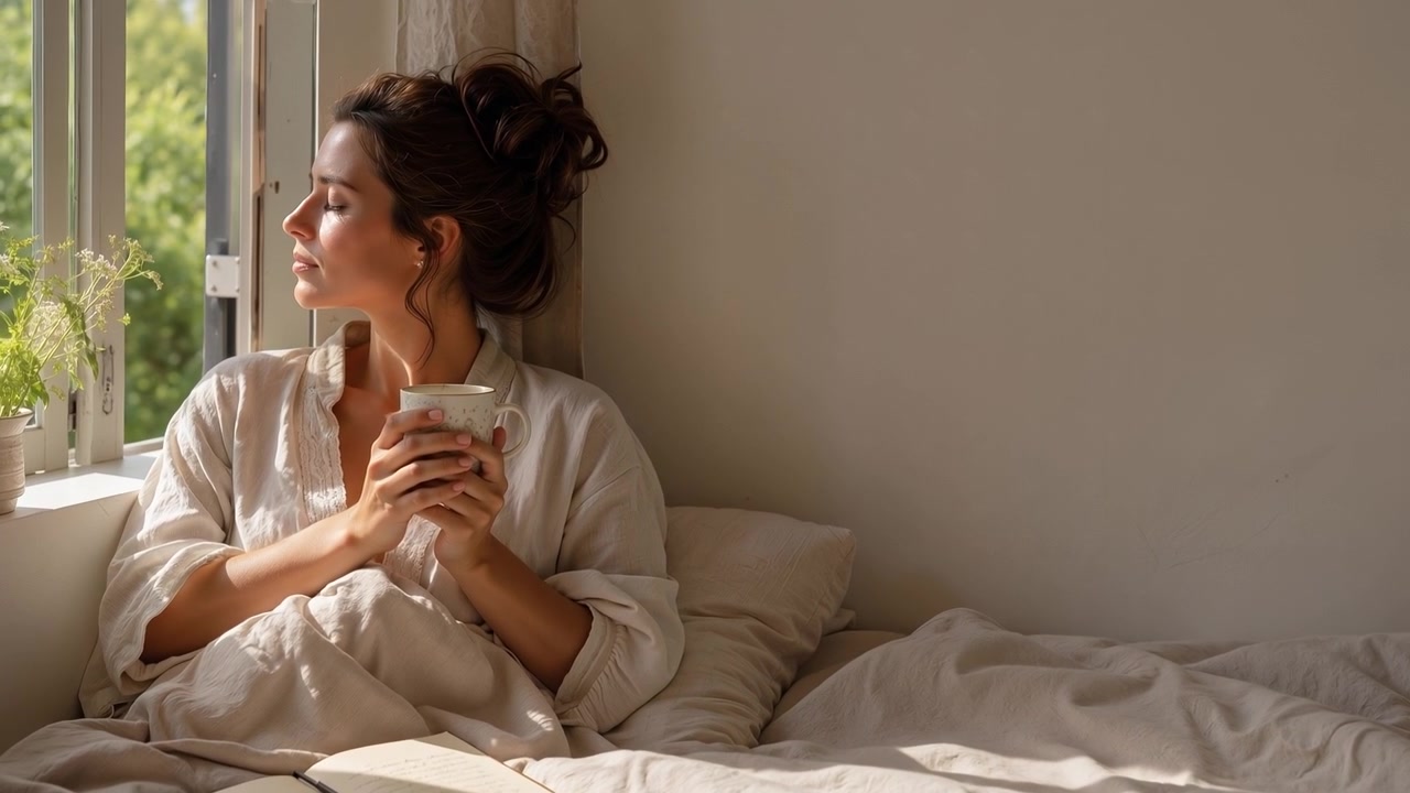 Giovane donna con una tazza in mano che guarda fuori dalla finestra mentre si rilassa a letto