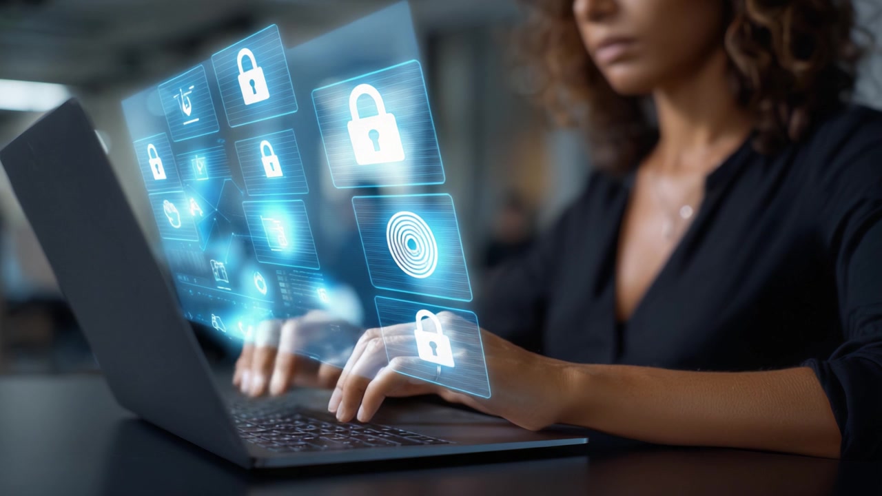 Woman Engaged in Cybersecurity Tasks on Laptop, Utilizing Digital Icons and Security Symbols for Online Protection and Safety During Secure Data Handling