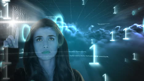 touching virtual screen, woman in hoodie with binary code and clouds in background