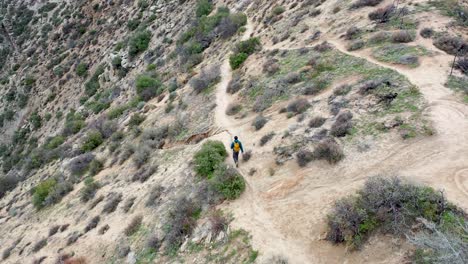 Vista-De-Rotación-Aérea-De-Un-Hicker-Macho-Caminando-Por-Un-Sendero-Profundo-En-El-Desierto-De-Hesperia-En-California