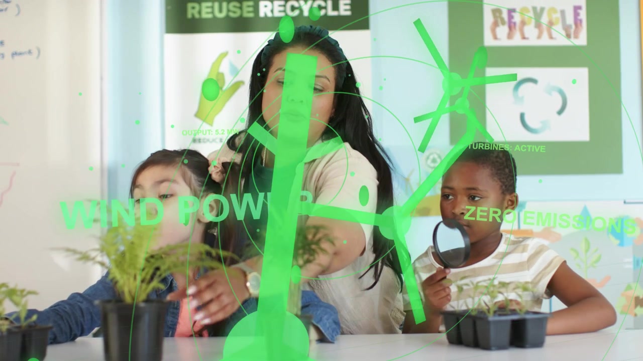 Teacher pointing plants causing wind overlay as pupils handling plants and using lens for education