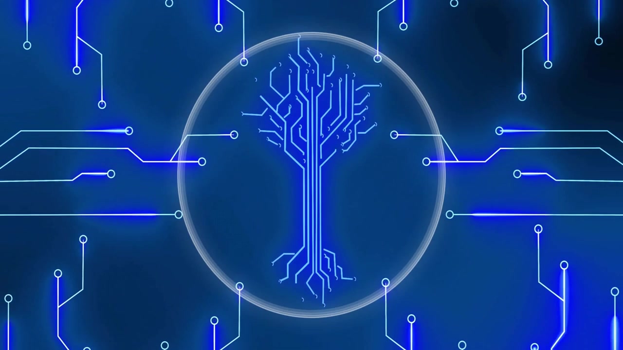 Central stylized circuit tree glowing and radiating connections, showing nodes and pathways