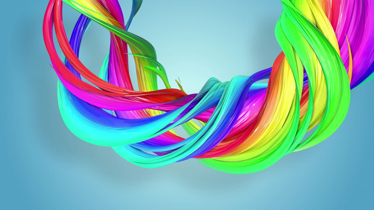 무지개 색의 환상적인 아름다운 리본, 휘어지고 구부러진, 다채로운 크리에이티브 배경, 부드러운 부드러운 애니메이션, 4k 선과 컬러 그라디언트.