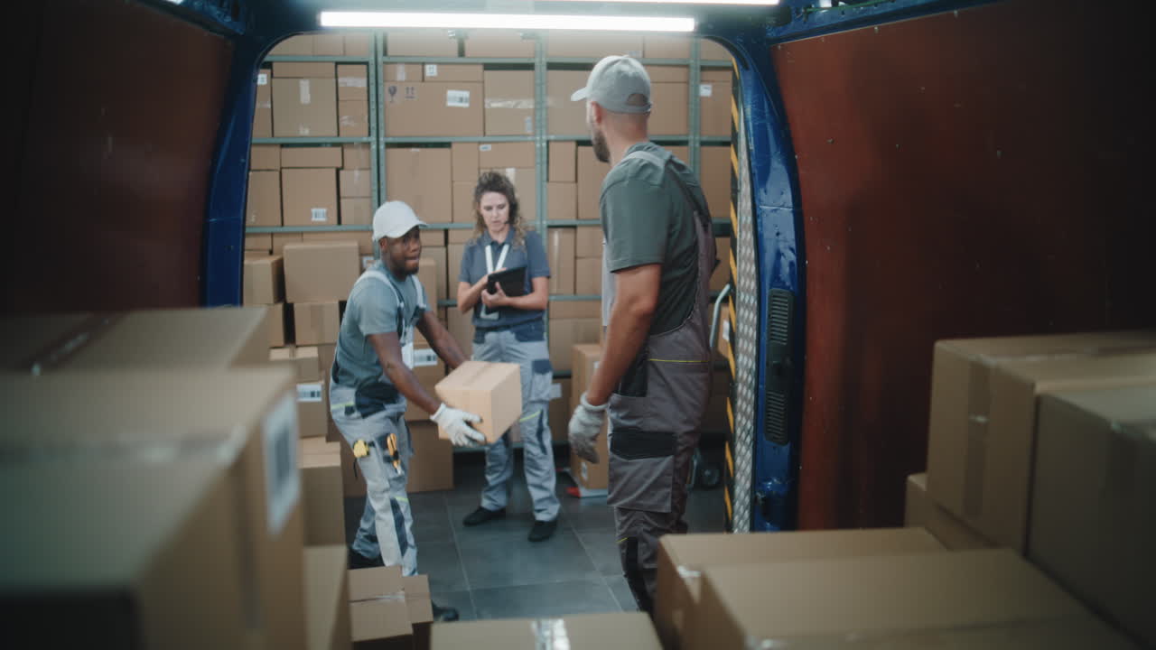 Logistics team loading and unloading packages in a delivery truck