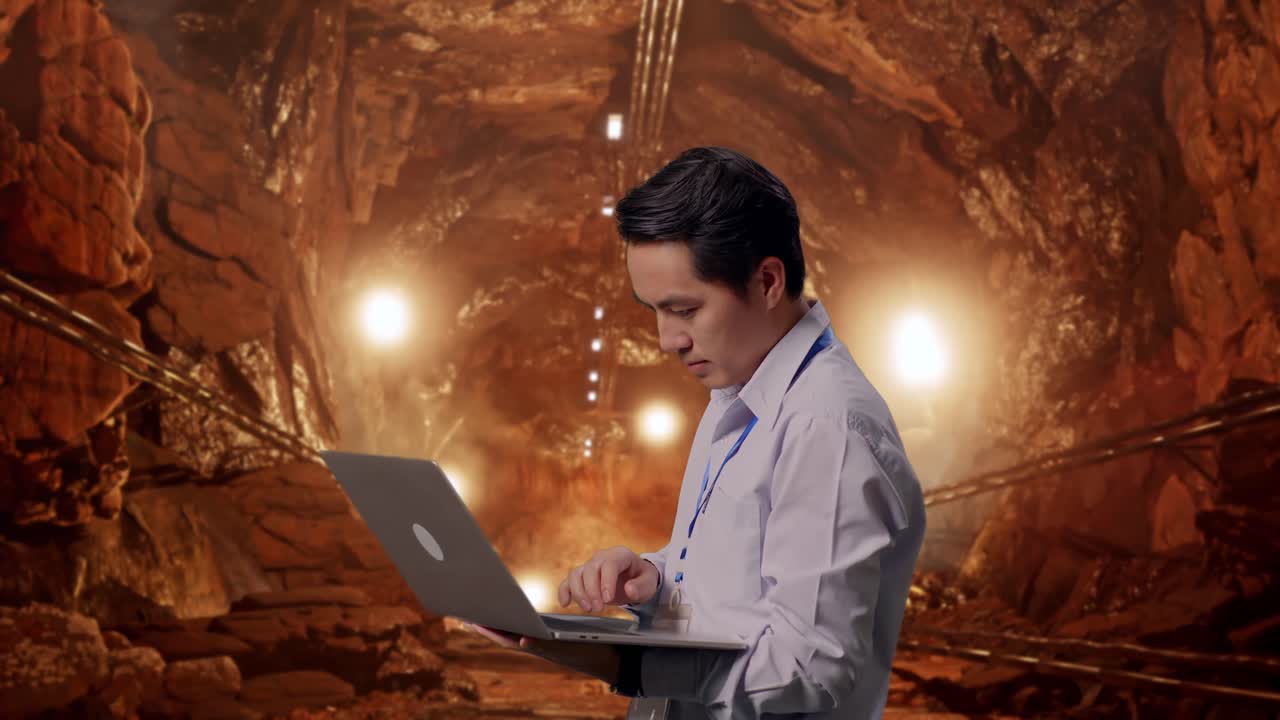 Side View Of An Asian Male Professional Worker Standing With His Laptop In Underground Mine Tunnel, Typing On His Laptop'S Keybaord With Meditation