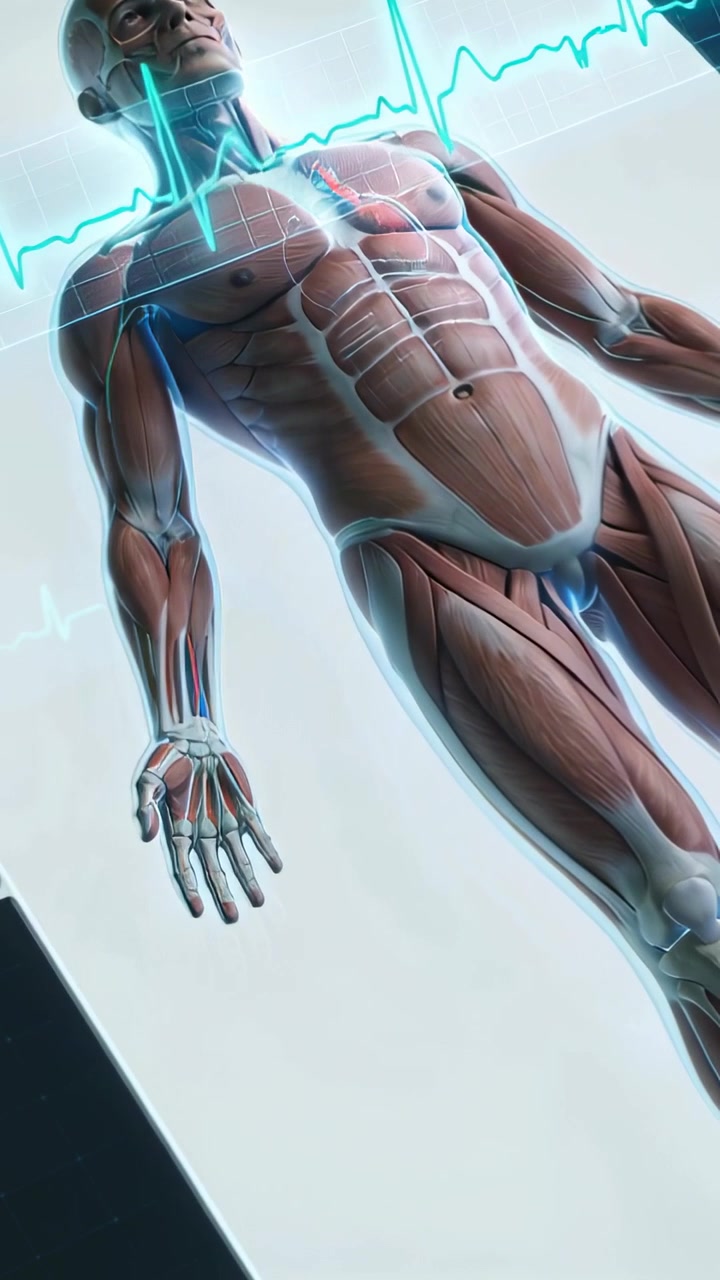 Video verticale: Linea ECG animata che simula un cuore pulsante su un modello maschile su un lettino da visita, monitor.