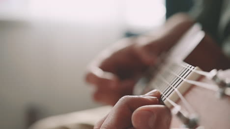 the hands of an unrecognizable man playing the ukelele