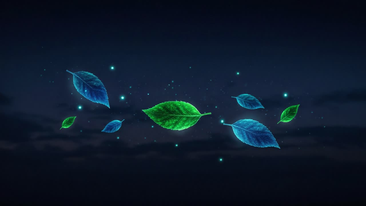 A vibrant display of floating leaves illuminates the dark sky, showcasing their natural beauty and ethereal glow amidst a serene backdrop, capturing the essence of nature