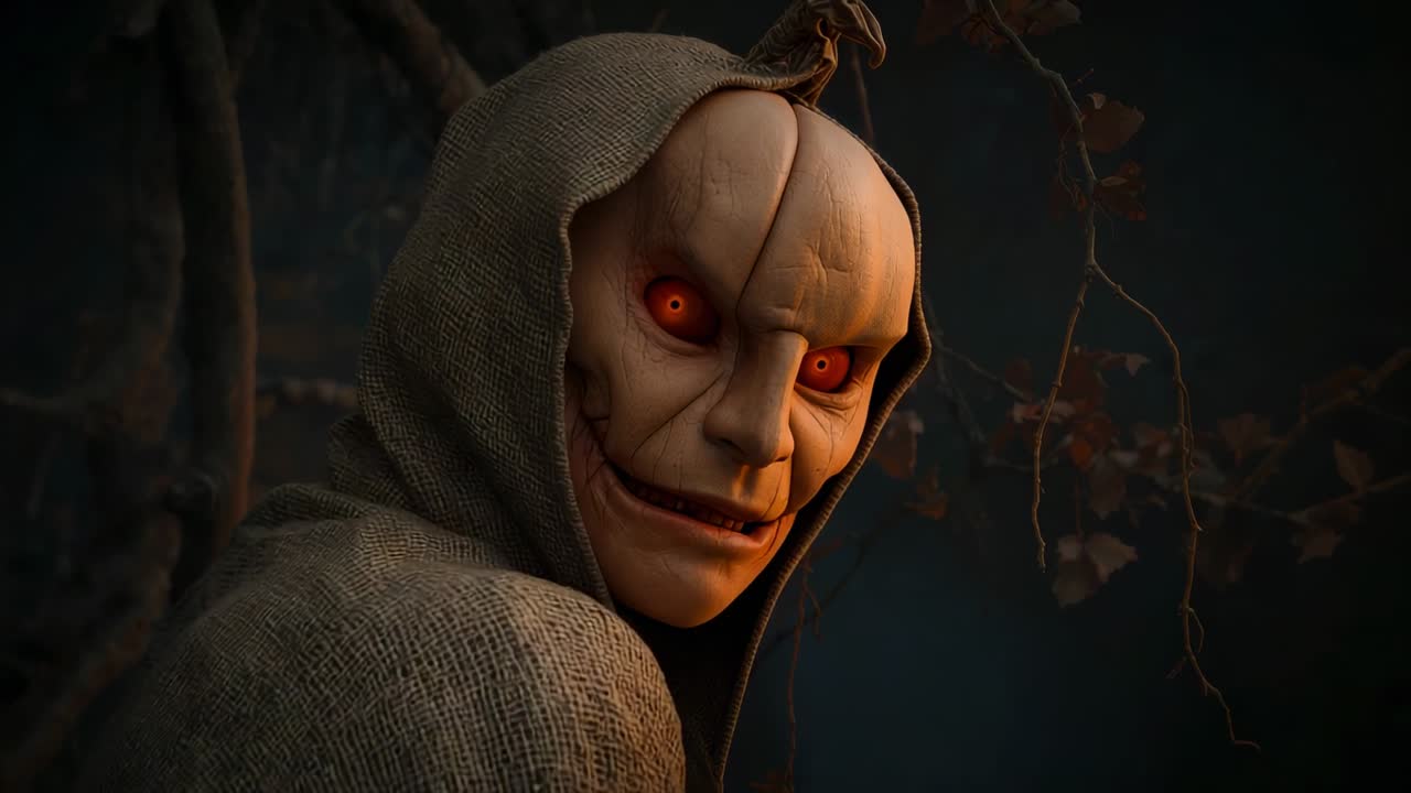 Opening pumpkin-headed figure turning head in woods, with mask, burlap robe, branches and leaves