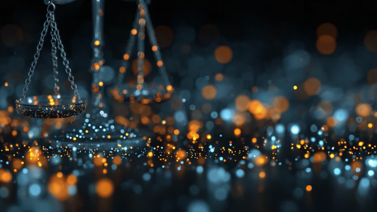 A Captivating Visual Representation of Justice: The Scales of Justice Set Against a Dazzling Background of Light and Colorful Bokeh Effects