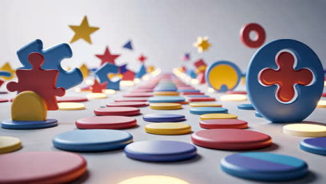a playful path of colorful discs and stars