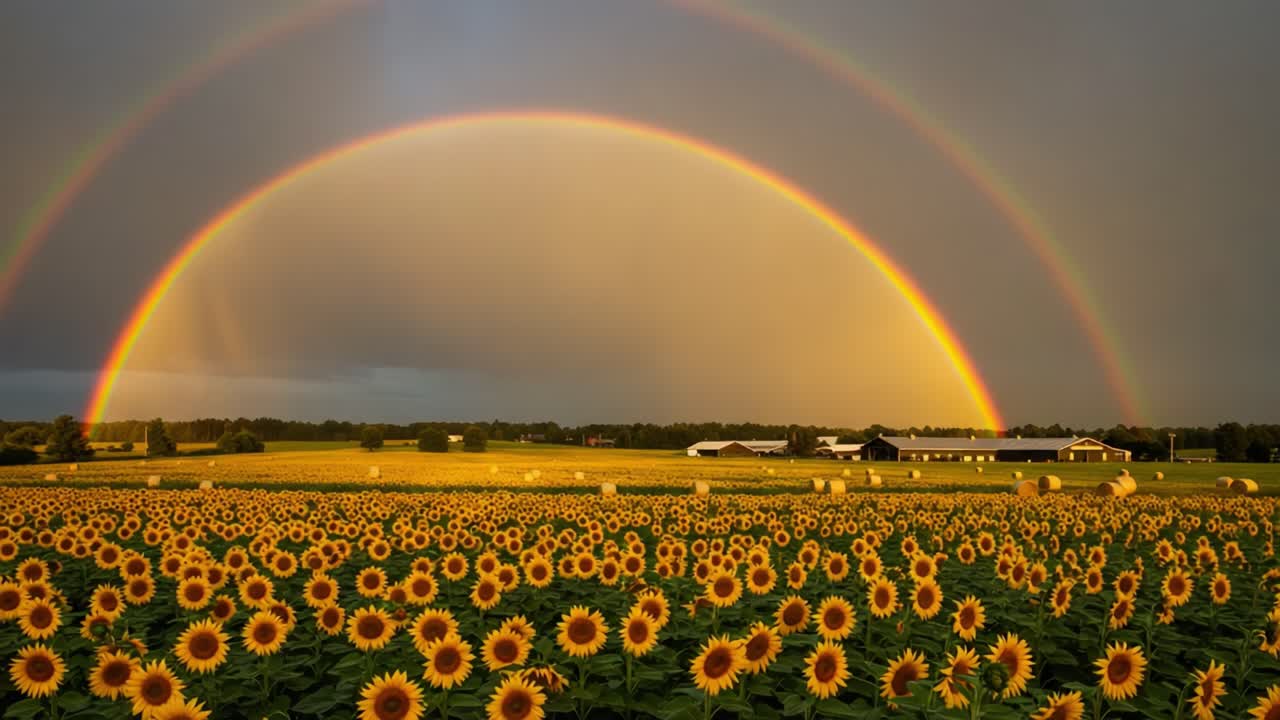 A Stunning Double Rainbow Arches Over a Vibrant Field of Sunflowers, Creating a Picture-Perfect Landscape with Lush Greenery and Breathtaking Colors