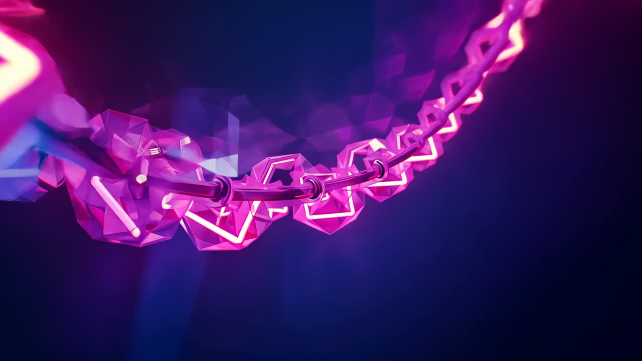 Apertura de un vacío que revela una cadena de cubos brillantes que se mueve hacia adelante en una neblina púrpura, con eslabones de metal