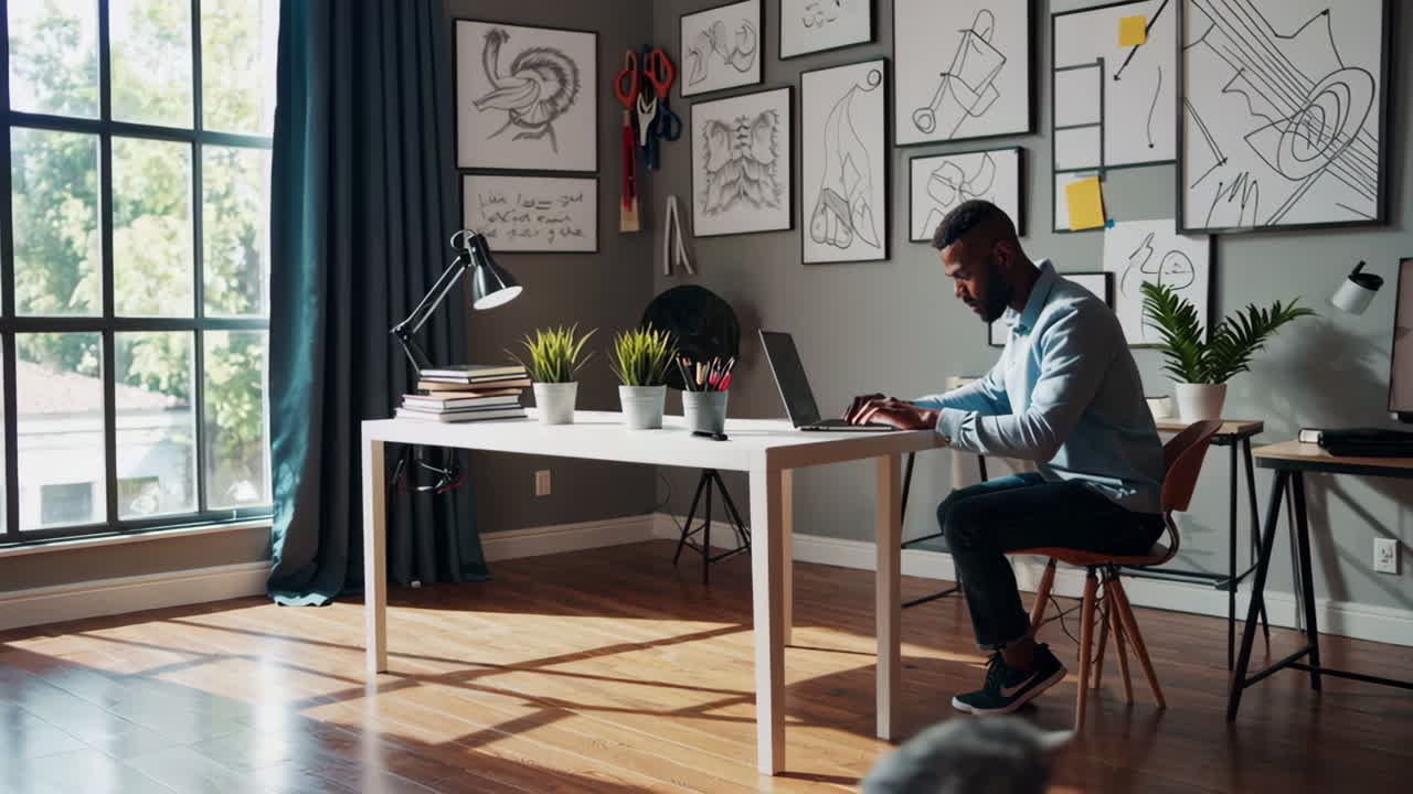 Man working at a home office with modern art and design
