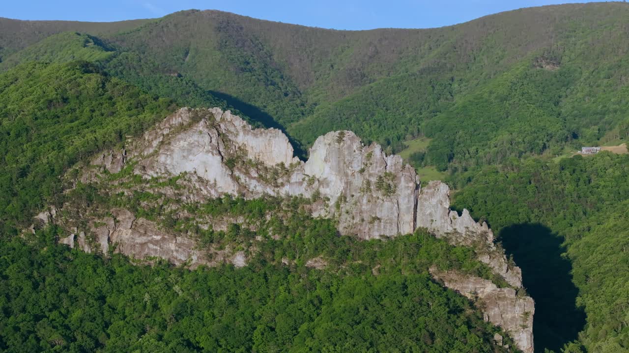 Ripresa aerea con tracking laterale sinistro delle formazioni rocciose stratificate di Seneca Rocks sopra la volta della foresta, West Virginia, contrasto di bianco, verde e ombre