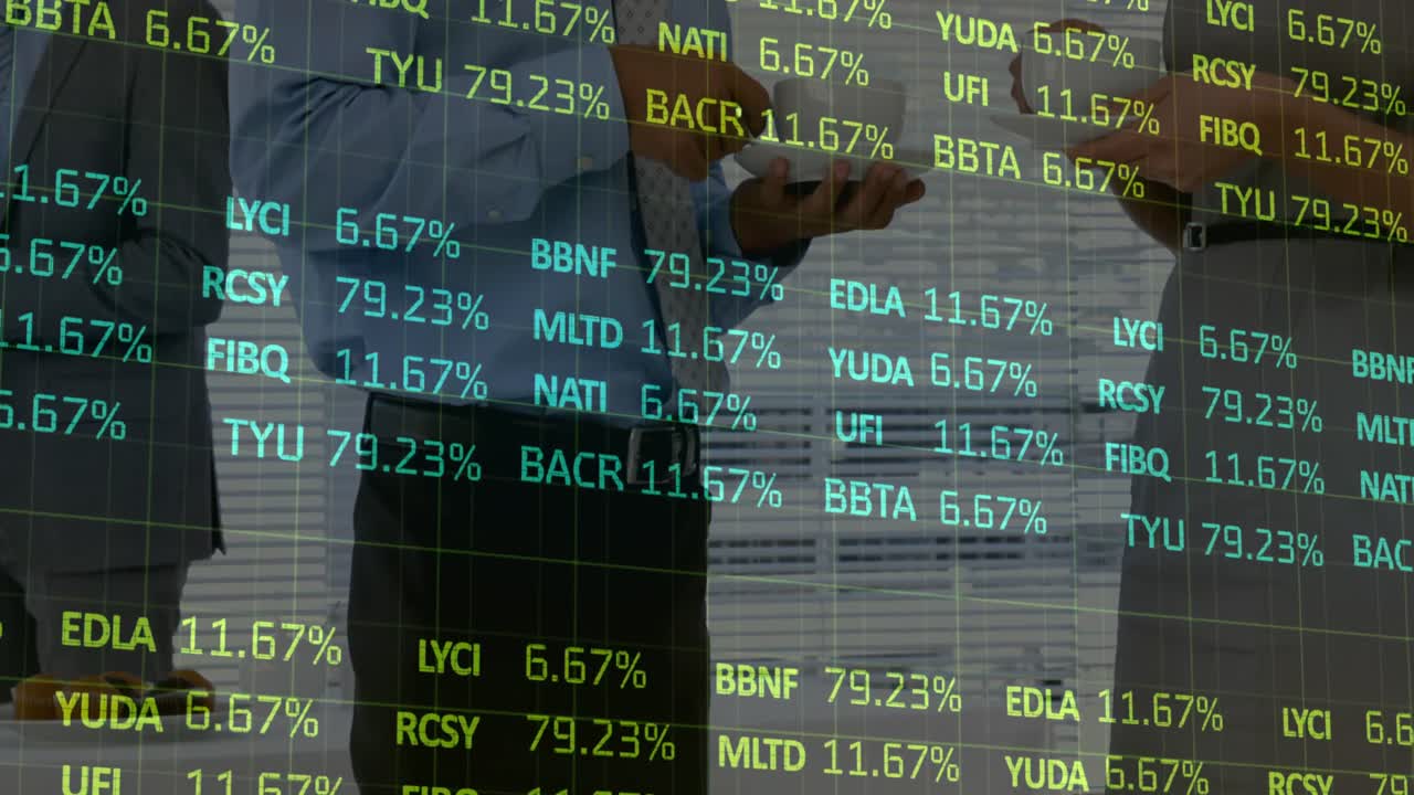 Animasjon av finansiell databehandling over forretningsfolk i møte