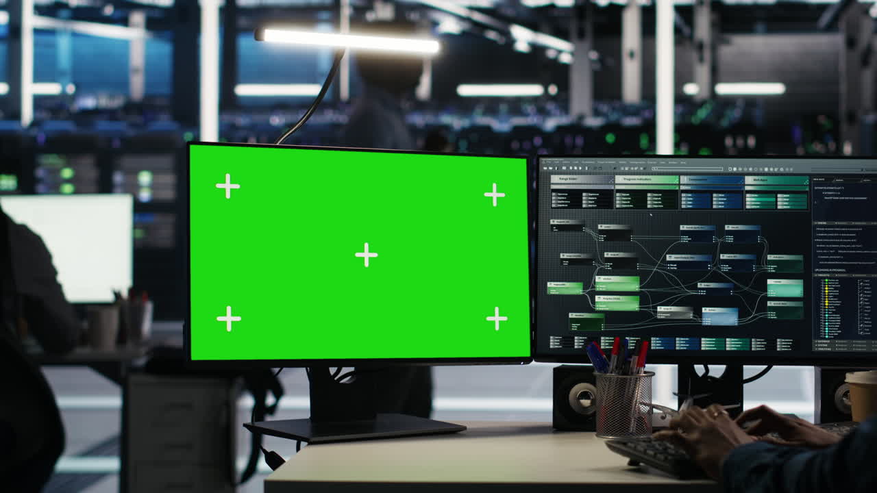 Server farm engineer using node tree systems on green screen PC