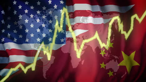 stock market fluctuation animation over usa and china flags with world map