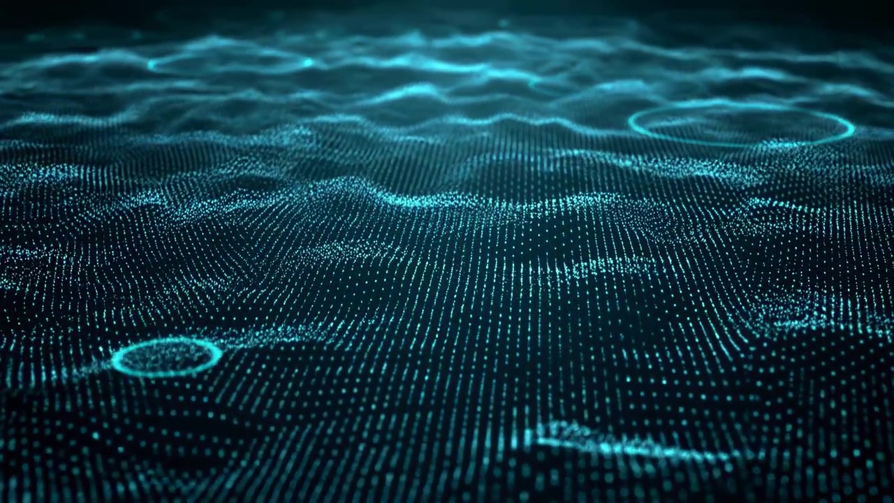 Teal Digital Wave Grid Shimmering Across Surface, Slow Motion Particles Form Undulating Landscape Evoking
