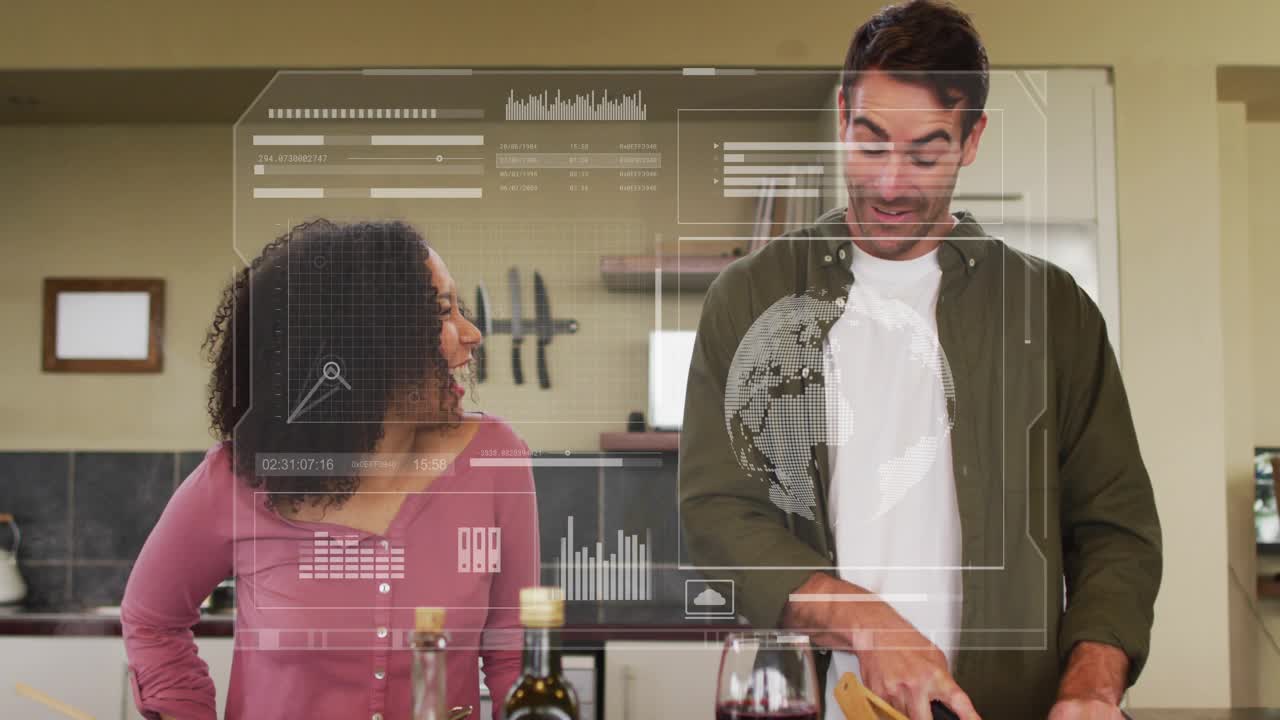 Woman tasting pot, initiating food check, HUD overlay with charts globe over cooks, man chopping