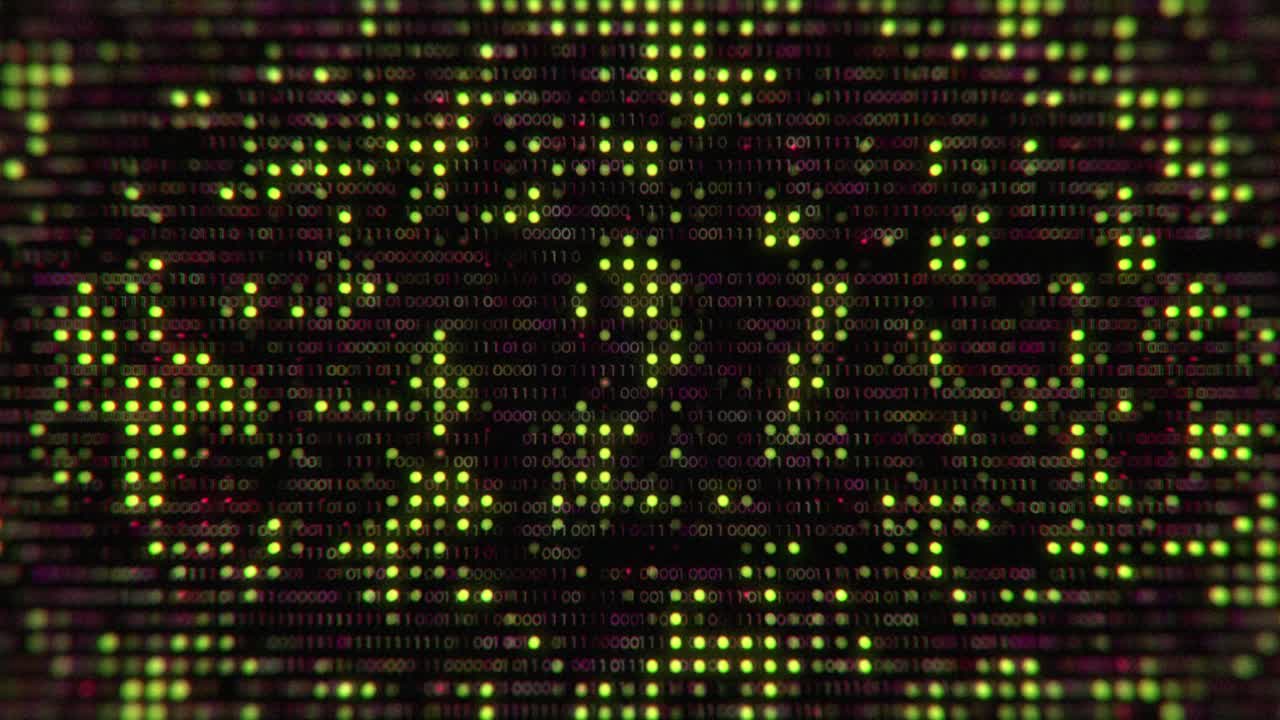 Hi tech motion graphic background, square elements, dots and numbers flickering on dark background