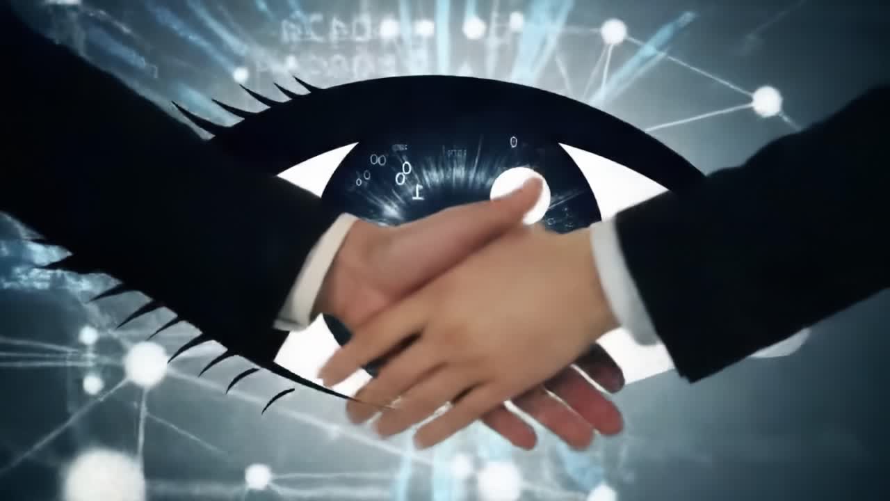 A Symbolic Representation of Insight and Collaboration, Featuring a Stylized Eye with Digital Patterns and a Handshake to Depict Unity and Mutual Understanding in a Technological Context