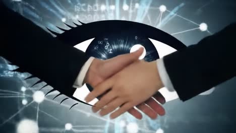a symbolic representation of insight and collaboration, featuring a stylized eye with digital patterns and a handshake to depict unity and mutual understanding in a technological context