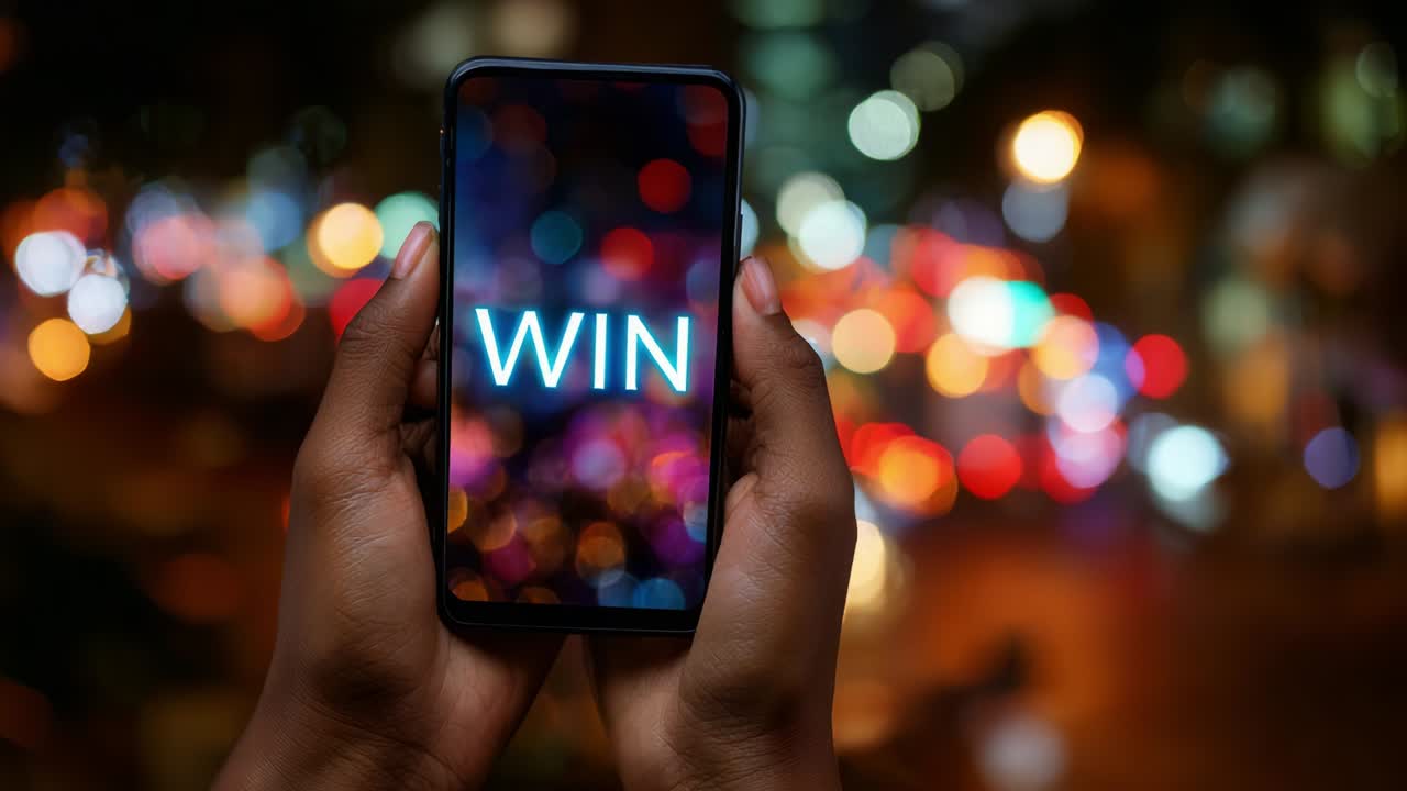 A person holding a smartphone displaying the word 'WIN' prominently on the screen, amid a vibrant city backdrop filled with colorful bokeh lights, embodying positivity and triumph in a dynamic urban environment