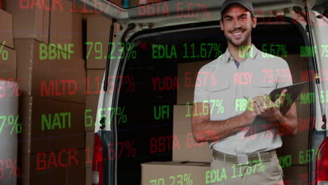 stock market data processing against portrait of caucasian delivery man with clipboard smiling