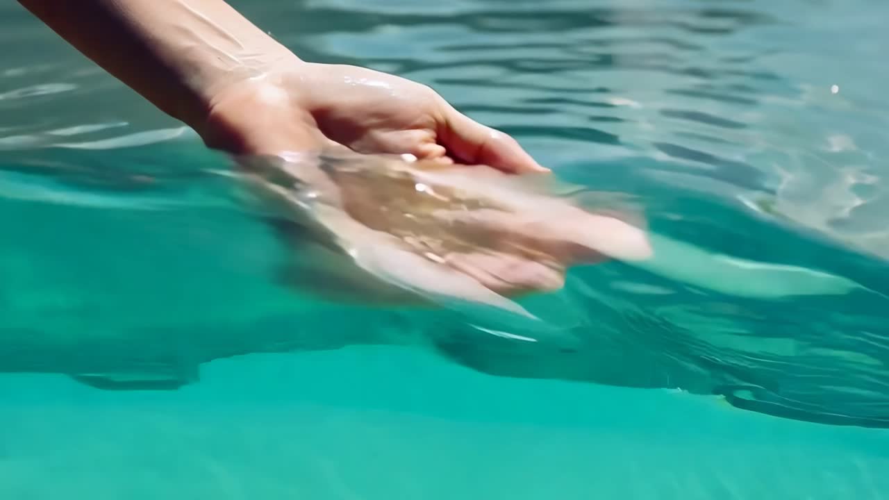 Close-up video of a hand gently cupping water, capturing sunlight reflections