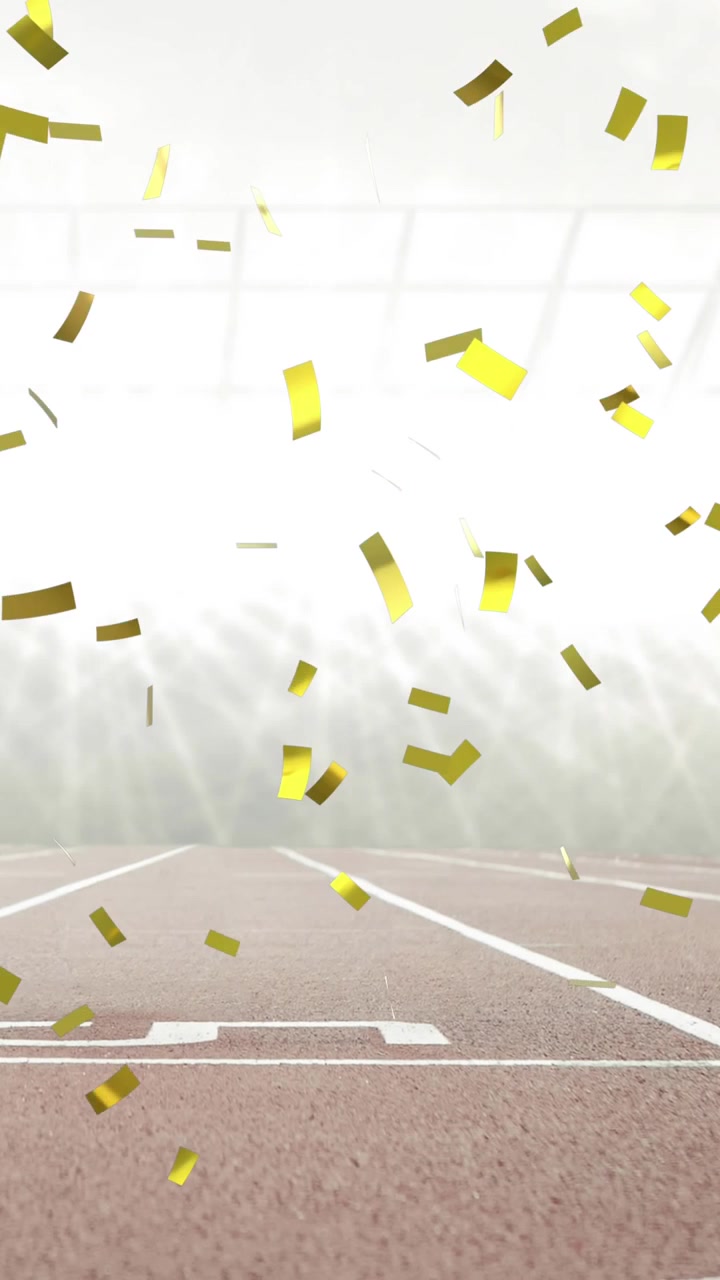 Animazione digitale di coriandoli dorati che cadono su uno stadio sportivo sullo sfondo.