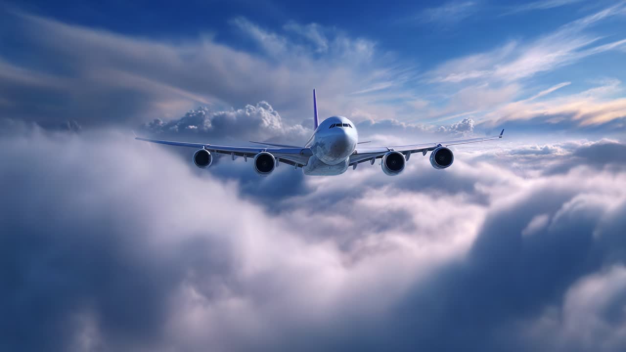 Majestic Aircraft Soaring Through Serene Clouds: A Breathtaking View of Aviation Mastery Amidst the Sky's Ever-Changing Blues and Whispers of Winds