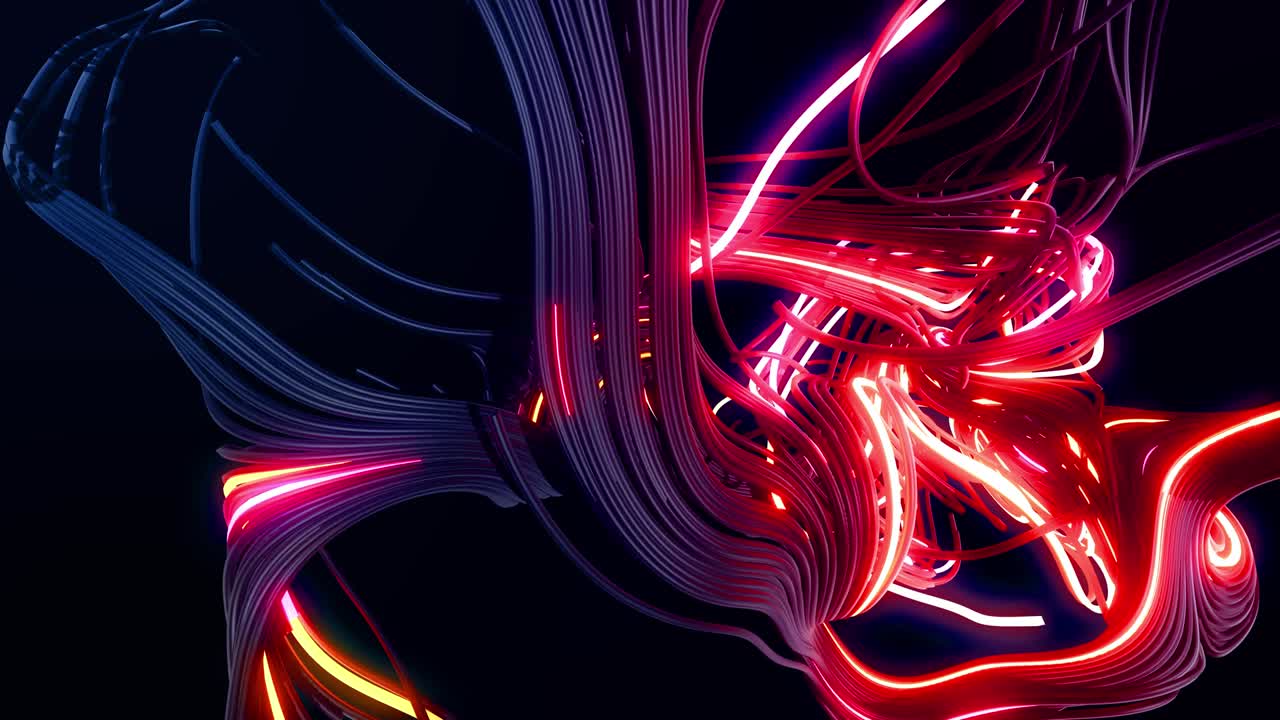 4k abstracto en bucle bg. flash multicolor de líneas curvas. concepto de red neural de computación, inteligencia artificial, ai. luces de neón como guirnaldas o relámpagos. luma mate como canal alfa