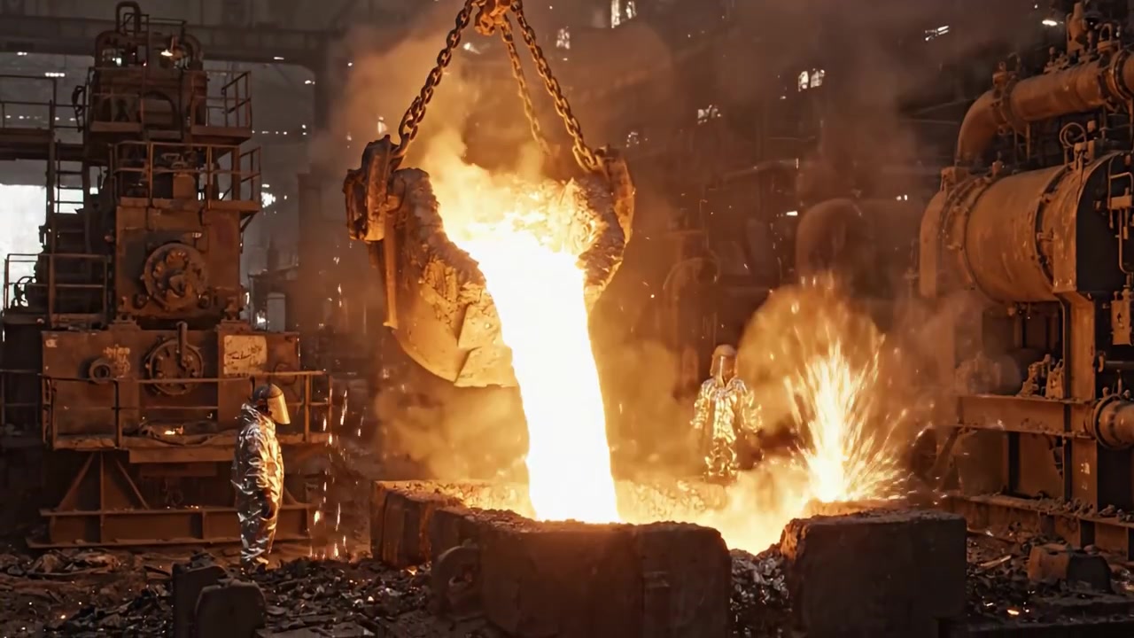 Drammatico processo di colata del metallo: uno spettacolo di calore e scintille in una fonderia industriale che mostra manodopera qualificata e attrezzature avanzate per la produzione dell'acciaio.