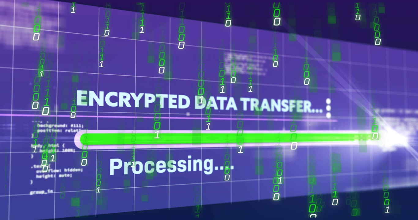 Displaying ENCRYPTED DATA headline, animating transfer panel on purple grid, green fill advancing